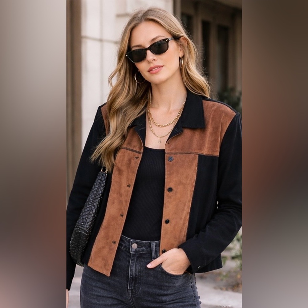 Briggs New York Black & Brown Suede-Trim Colorblock Jean Jacket